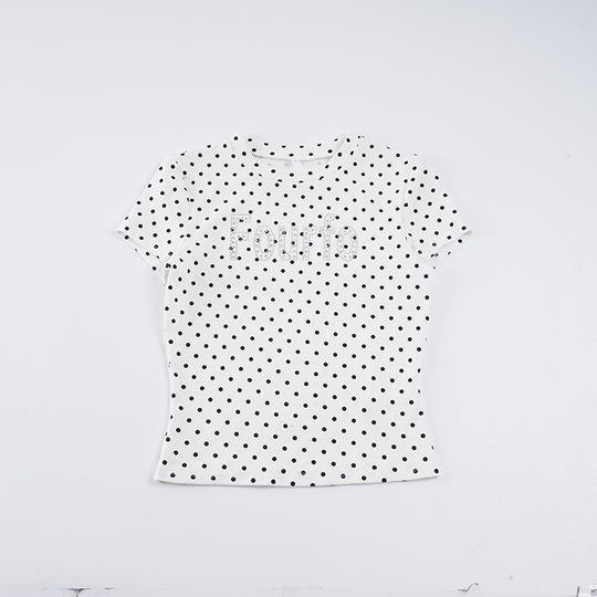 Damen Trendiges Kurzarm-Top mit Pünktchenmuster und glitzerndem Schriftzug EB