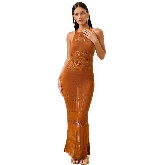 Damen elegantes Häkel-Maxikleid mit tiefem Rückenausschnitt EB