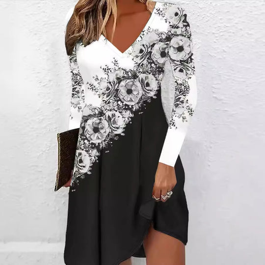 Damen V-Ausschnitt Kleid mit floralen Akzenten und asymmetrischem Schnitt EB