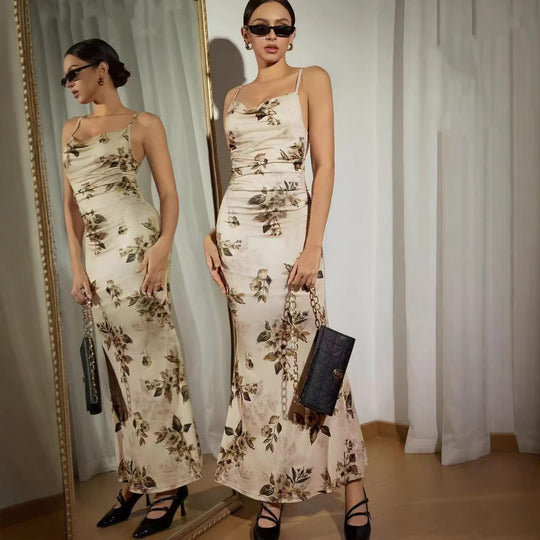 Damen Elegantes Maxikleid mit floralem Dekor und Raffungen EB