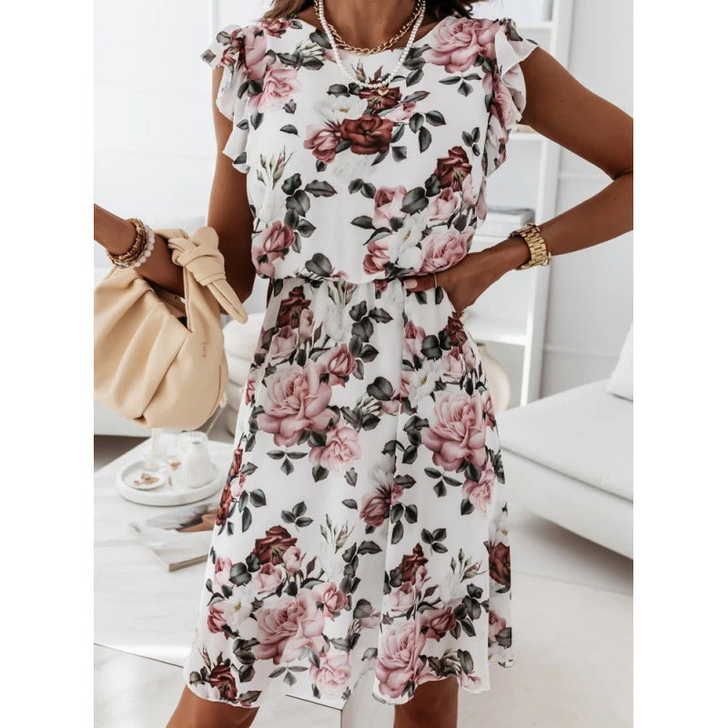 Damen Sommerliches Blumenkleid mit Rüschendetails und Taillengürtel EB