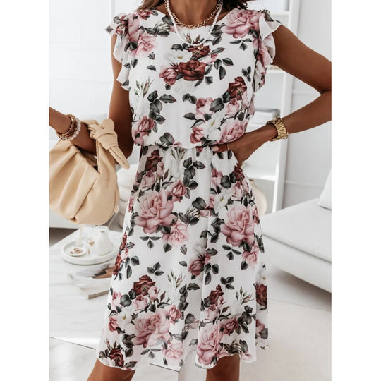 Damen Sommerliches Blumenkleid mit Rüschendetails und Taillengürtel EB