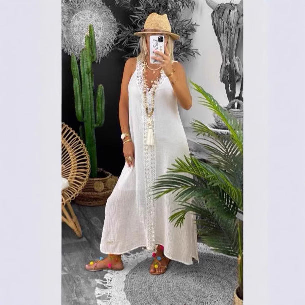 Damen Maxi-Strandkleid mit elegantem Spitzenbesatz und seitlichen Schlitzen EB
