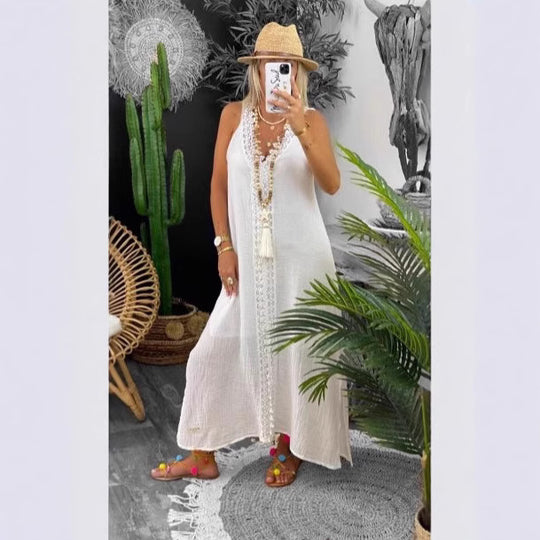Damen Maxi-Strandkleid mit elegantem Spitzenbesatz und seitlichen Schlitzen EB