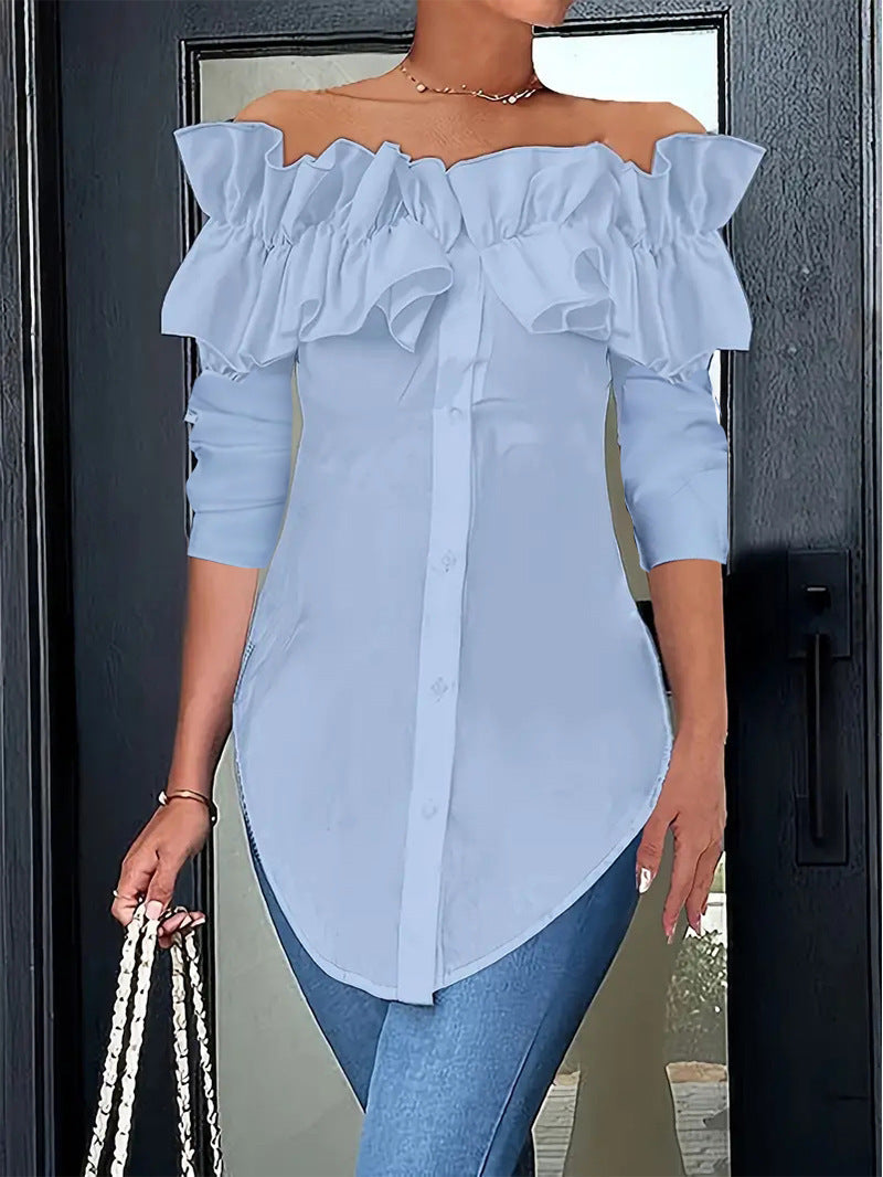 Damen Off-Shoulder Bluse mit Rüschen und Knopfleiste EB