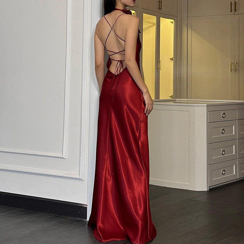 Damen elegantes Maxikleid aus fließendem Satin mit Spaghettiträgern EB