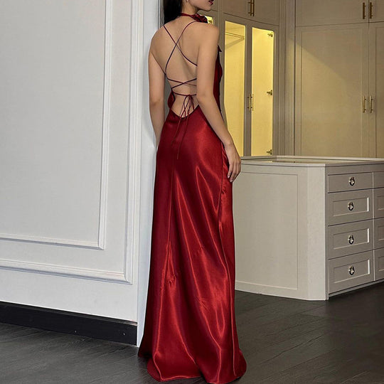 Damen elegantes Maxikleid aus fließendem Satin mit Spaghettiträgern EB