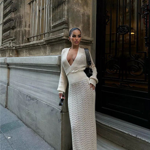 Damen elegantes gehäkeltes Maxikleid mit tiefem V-Ausschnitt EB
