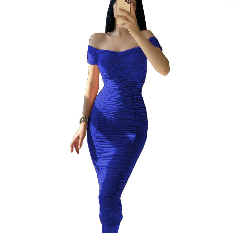 Damen figurbetontes Minikleid mit schulterfreiem Schnitt und Raffung EB