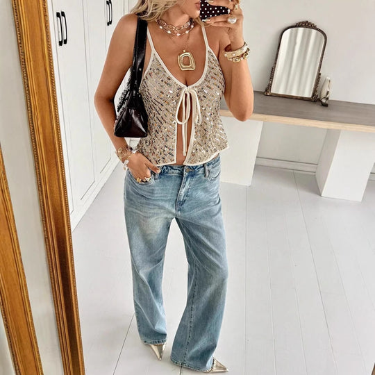 Damen Glitzerndes Top mit V-Ausschnitt und Bindeband EB