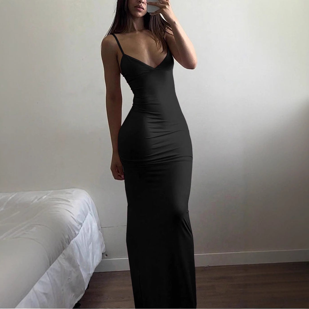 Damen Elegantes Etuikleid mit tiefem V-Ausschnitt und trägerlosem Design EB