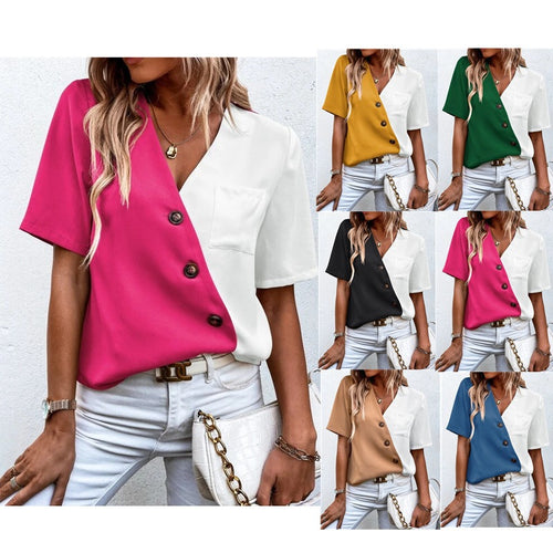 Damen modisches Kurzarm-Blusenshirt mit asymmetrischem Design und dekorativen Knöpfen EB