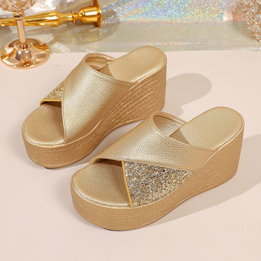 Damen Glamouröse Wedge-Pantoletten mit Glitzerakzenten EB