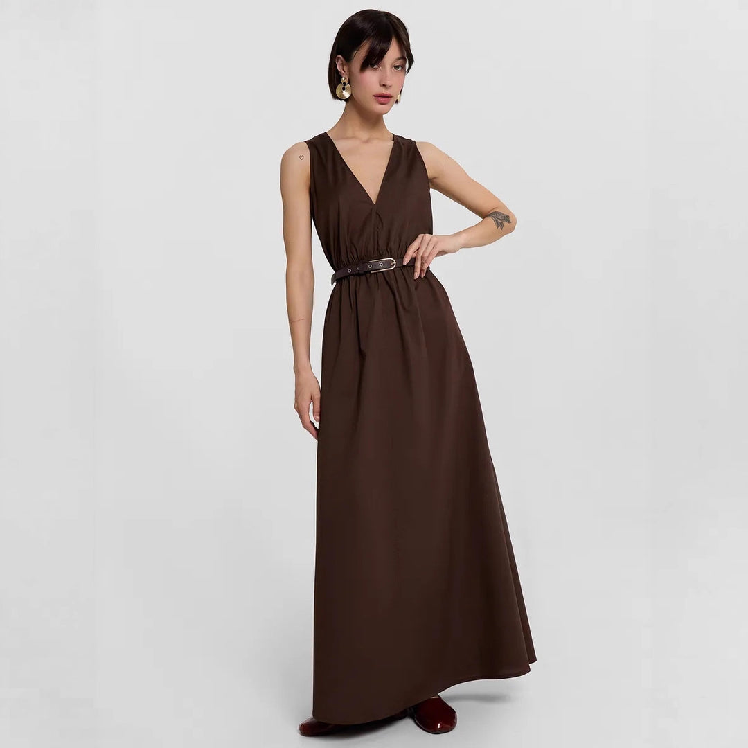 Damen Maxikleid mit stilvollem V-Ausschnitt und Taillengürtel EB