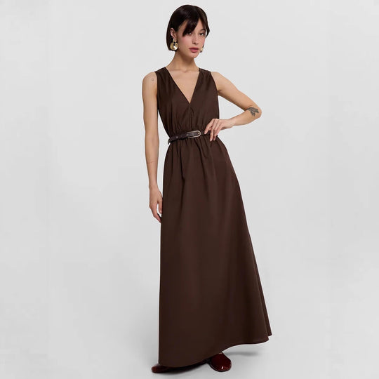 Damen Maxikleid mit stilvollem V-Ausschnitt und Taillengürtel EB