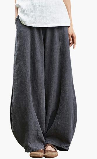 Damen weite Leinenhose mit elastischem Bund und praktischen Taschen EB