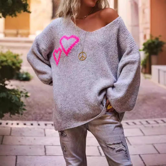 Damen Strickpullover mit liebenswertem Herzdesign und lässigem Schnitt EB