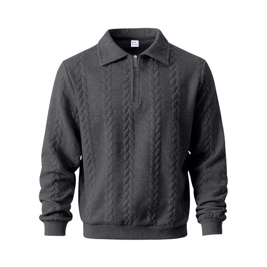 Herren nan strukturierter Strickpullover mit halbem Reißverschluss, Polokragen und Zopfmuster EB