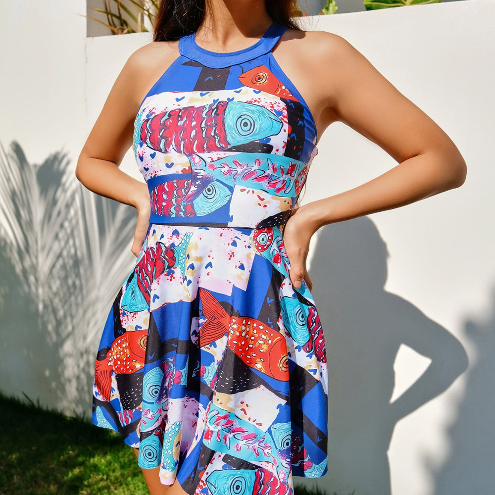 Damen Sommerkleid mit buntem Fische-Print und schwingendem Rock EB