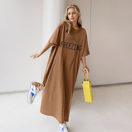 Damen nan lässiges Oversize Maxi-T-Shirt-Kleid mit Rundhals und Statement-Print EB