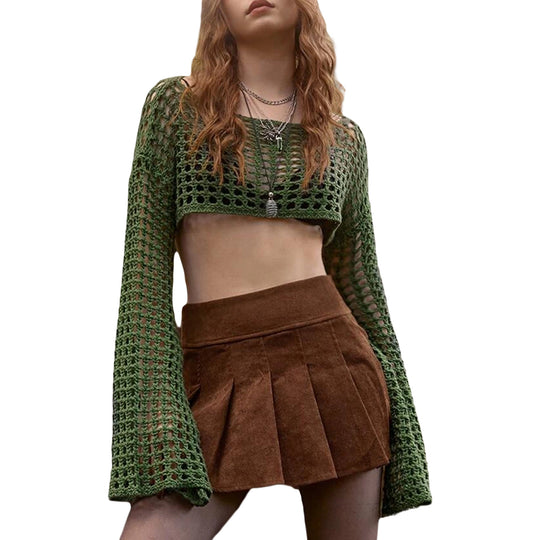 Damen luftiges gehäkeltes Crop-Top mit langen Ärmeln EB