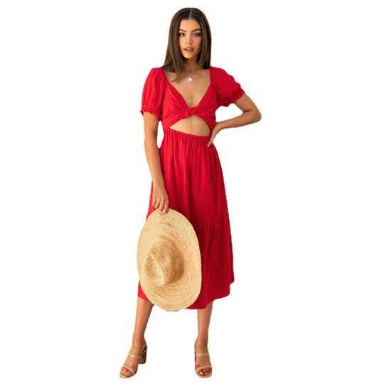 Damen Midi-Kleid mit verspielten Cut-Outs und Bindedetails EB