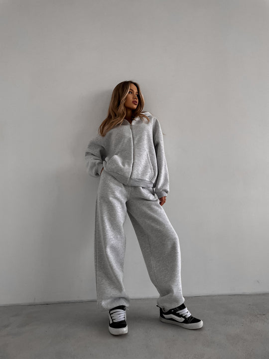 Damen Baumwoll-Fleece Lounge-Set mit Oversize-Zip-Hoodie und Palazzo-Sweatpants EB