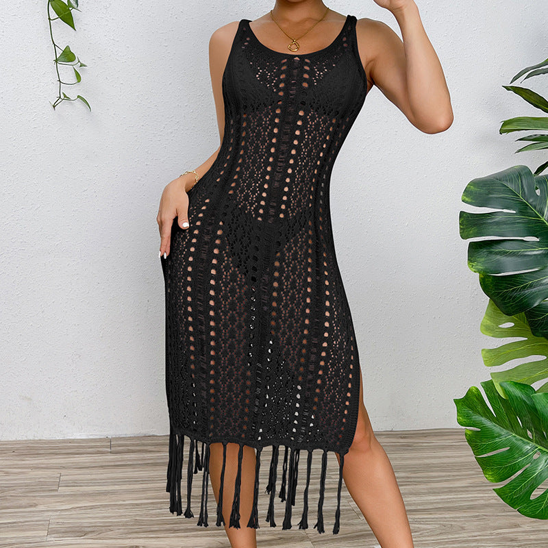 Damen Sommerliches Häkelkleid mit Fransen und seitlichem Schlitz EB