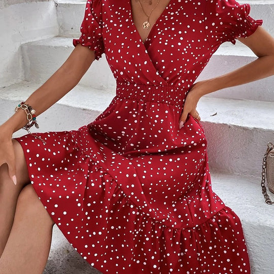 Damen Midi-Kleid mit Puffärmeln und V-Ausschnitt EB
