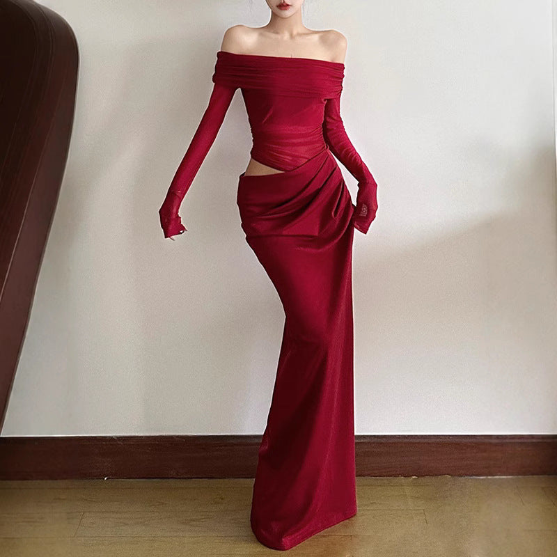 Damen Off-Shoulder Maxikleid mit figurbetonendem Design und Raffung EB