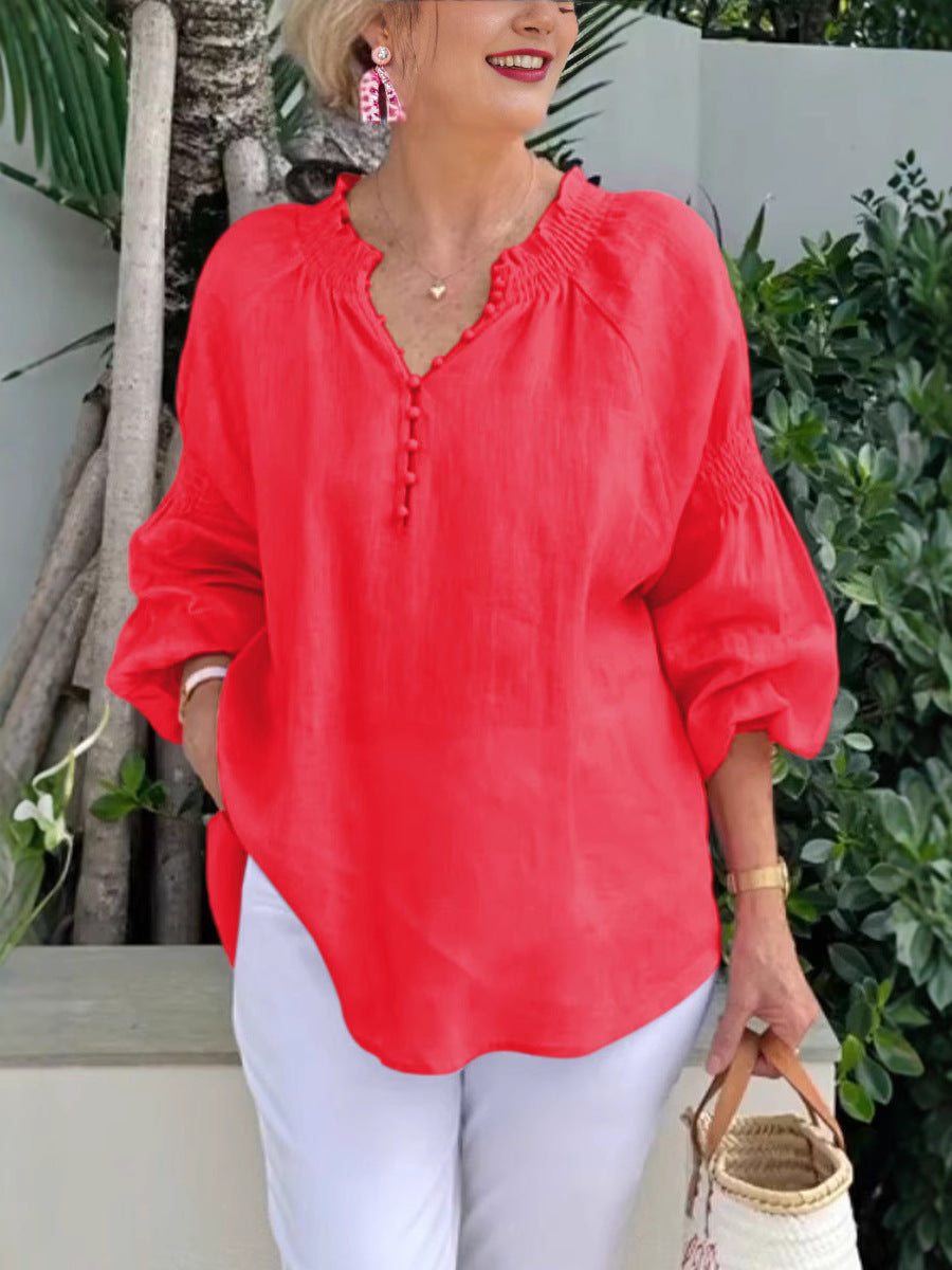 Damen lässige Kleidungsbluse mit Ballonärmeln und Knopfleiste EB