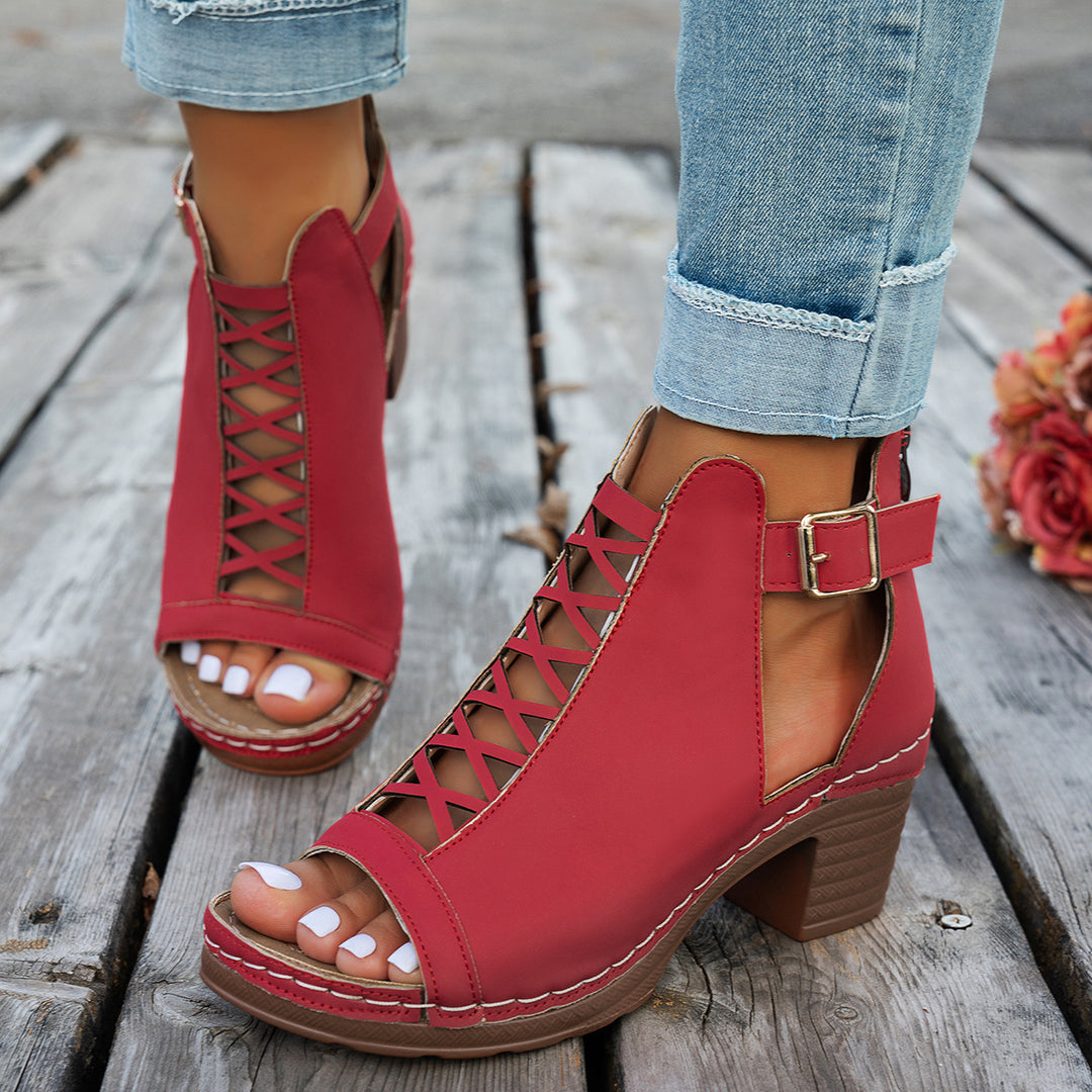 Damen Elegante und modische Schnürsandalen mit Blockabsatz EB