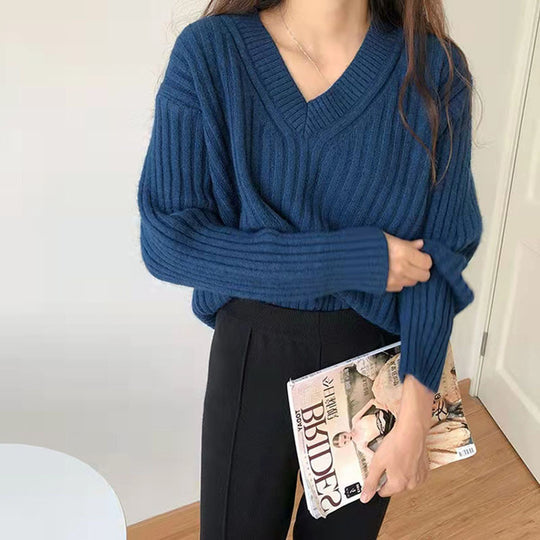 Damen Viskose-Strickpullover mit V-Ausschnitt und geripptem Design EB