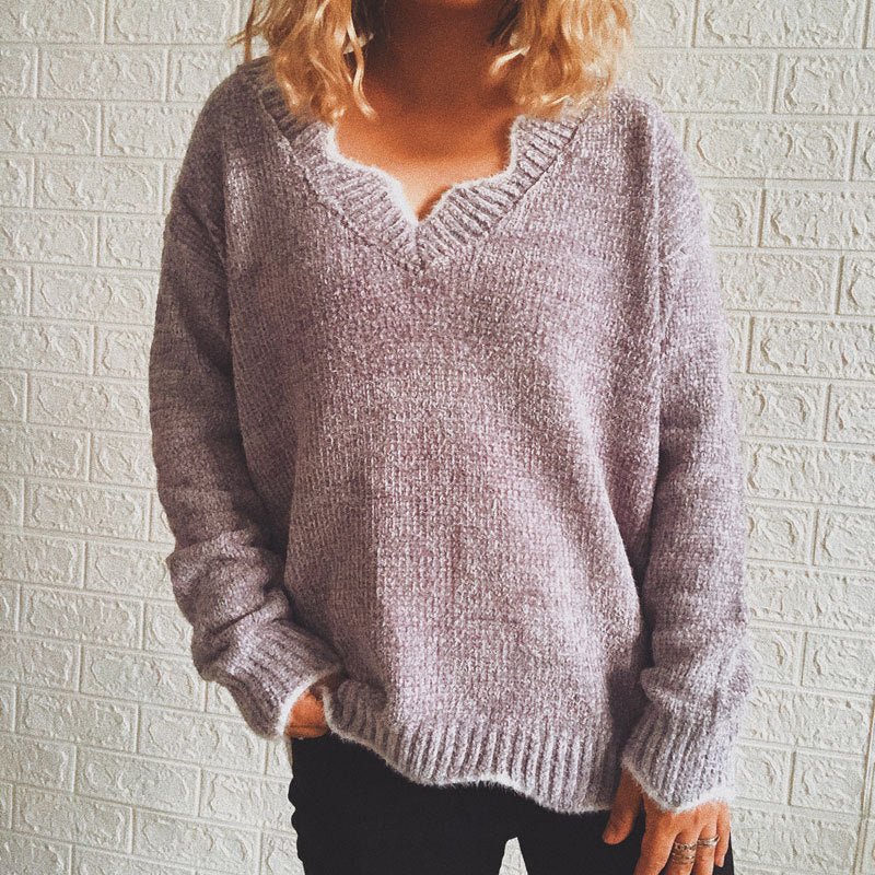 Damen lässiger Strickpullover mit weitem V-Ausschnitt und asymmetrischem Saum EB