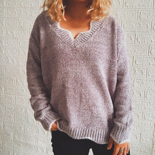 Damen lässiger Strickpullover mit weitem V-Ausschnitt und asymmetrischem Saum EB
