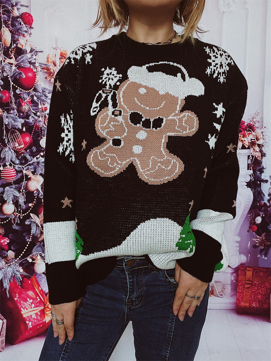 Damen Weihnachts-Pullover mit gingerbread-Motiv und Rundhalsausschnitt EB