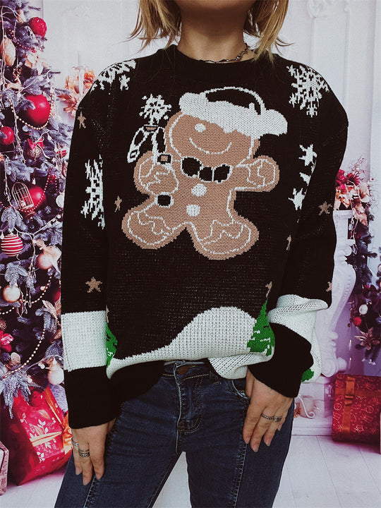 Damen Weihnachts-Pullover mit gingerbread-Motiv und Rundhalsausschnitt EB