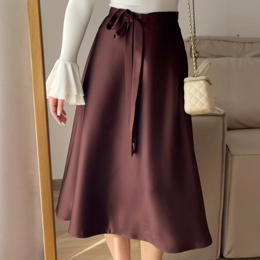Damen Hochtaillierter A-Linien Midirock mit Bindegürtel und Satin-Finish EB
