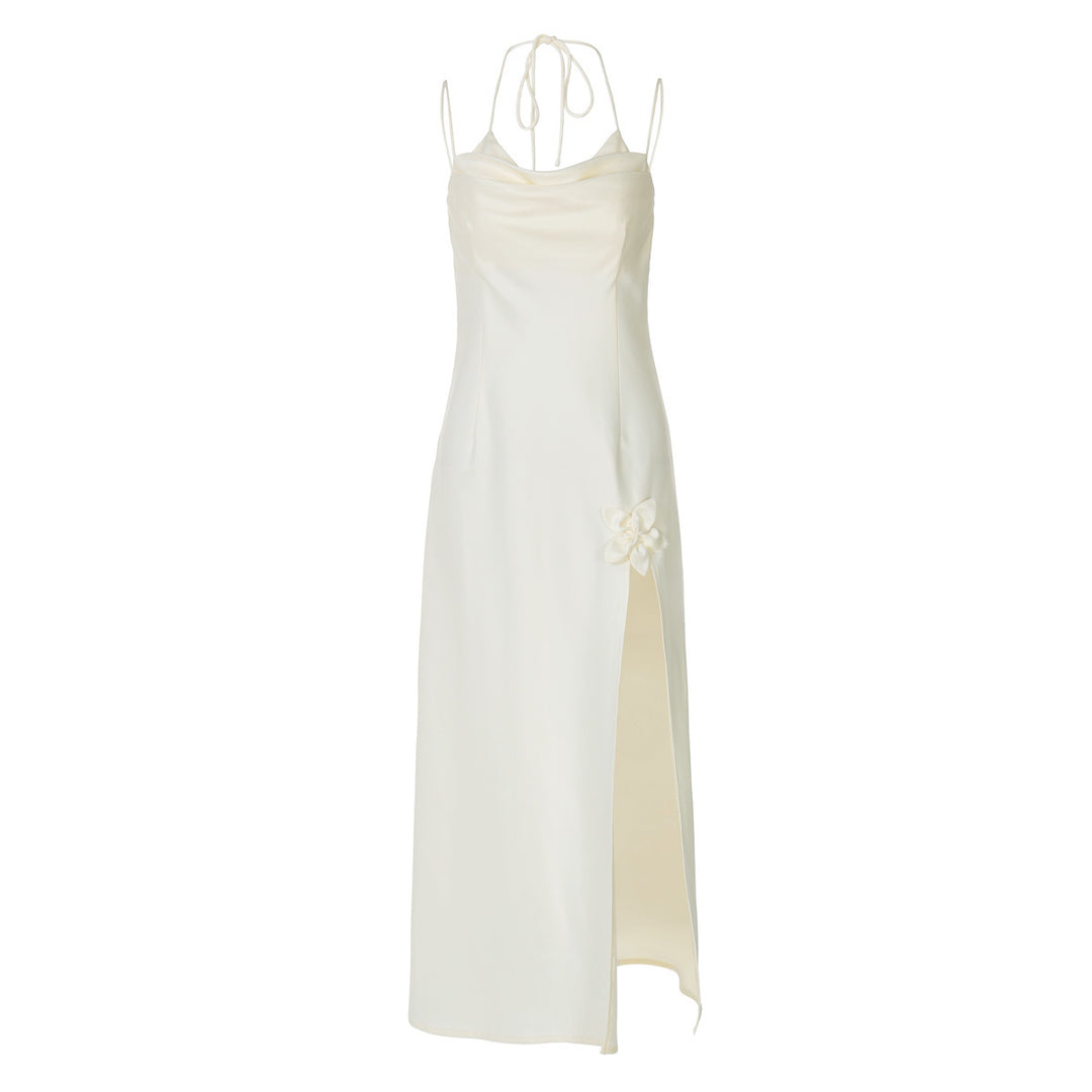 Damen Elegantes langes Kleid mit zarter Drapierung und floralem Detail EB