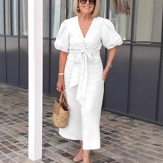 Damen Maxikleid mit eleganten Puffärmeln und Taillenknoten EB