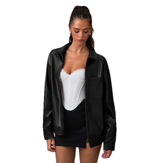 Damen Kunstlederjacke mit oversized Schnitt und praktischer Brusttasche EB