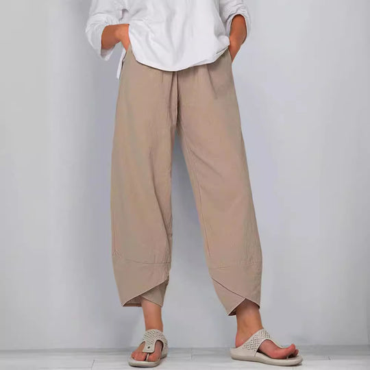 Damen nan weit geschnittene Leinenhose mit Tulpen-Saum und elastischem Bund EB
