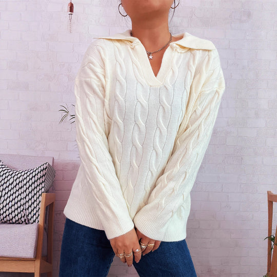 Damen Grobstrickpullover mit farbenfrohem Zopfdesign und klassischem Kragen EB