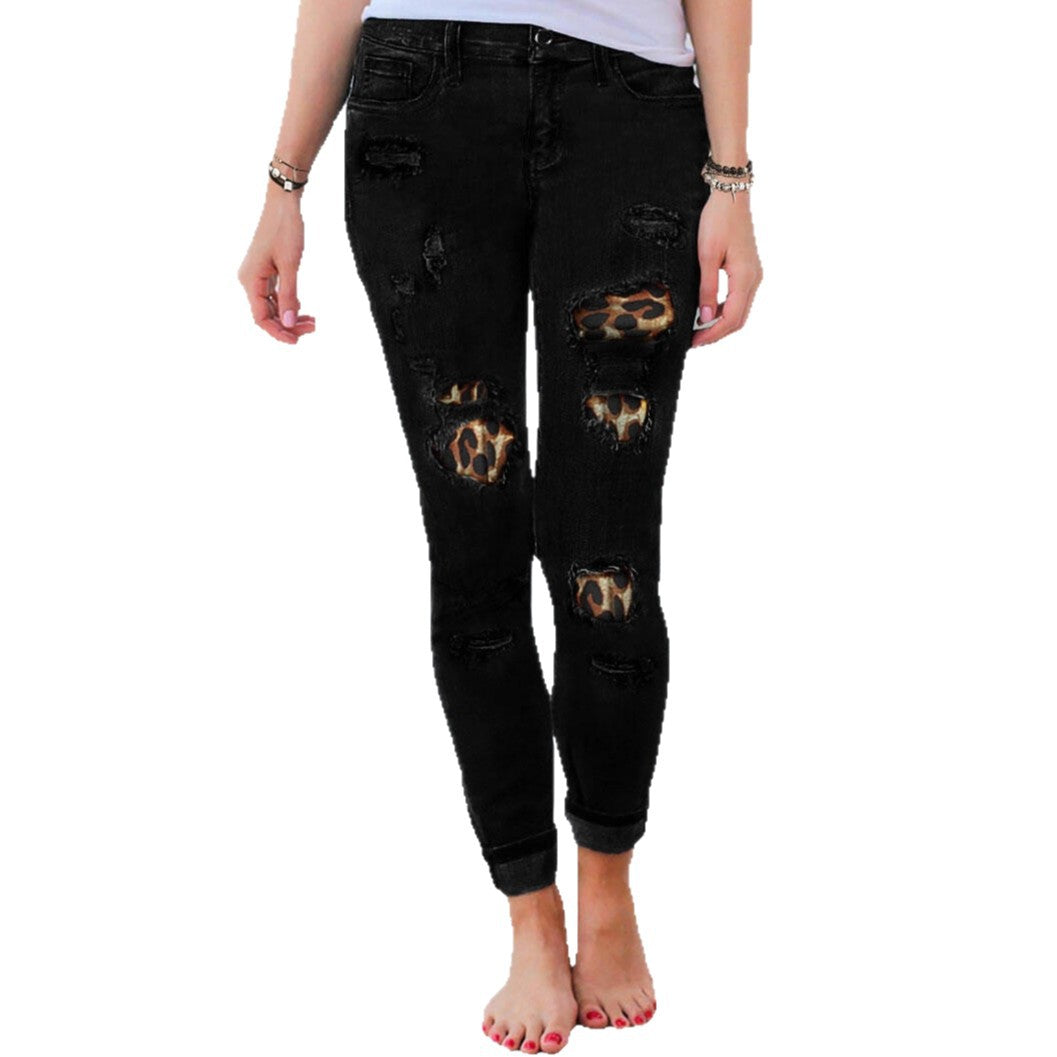 Damen Slim-Fit Jeans mit Leoparden-Detail und Distressed-Optik EB