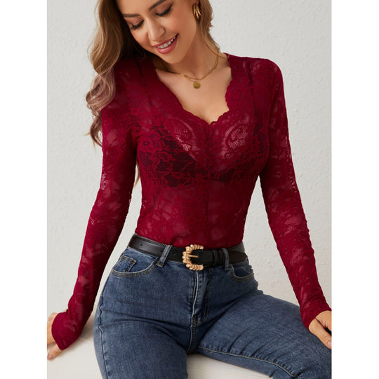 Damen Spitzen-Bodysuit mit tiefem V-Ausschnitt und transparenten Ärmeln EB