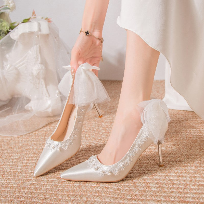Damen Elegante High Heels mit zartem Spitzen- und Schleifendetail EB