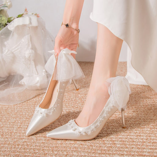 Damen Elegante High Heels mit zartem Spitzen- und Schleifendetail EB