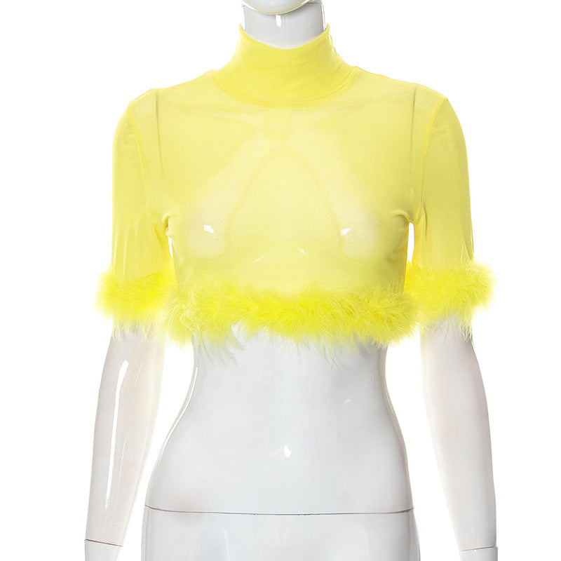 Damen trendiges cropped Oberteil mit glamourösem Federbesatz EB