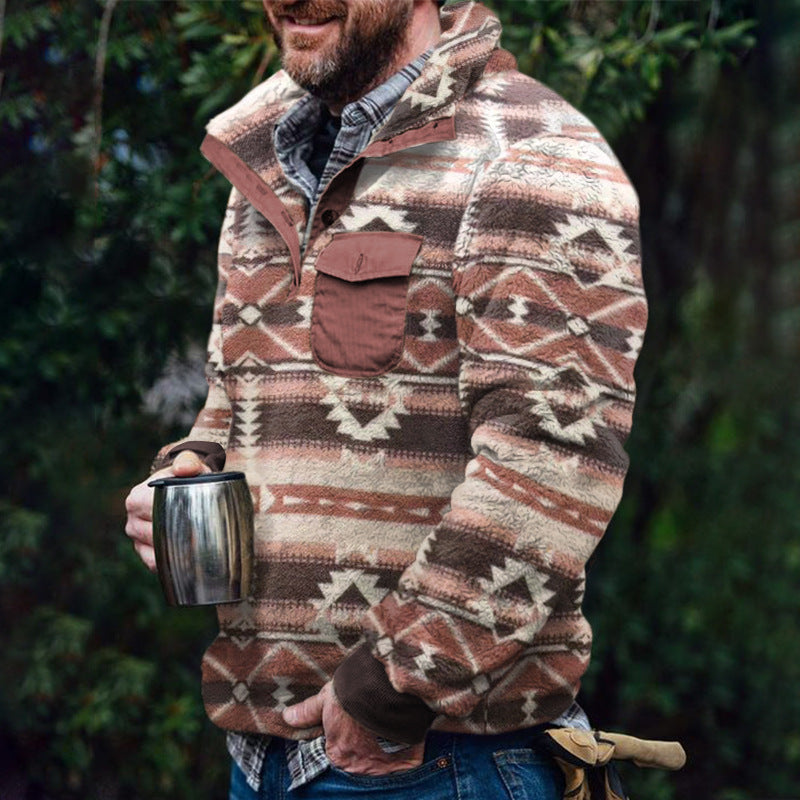 Herren Fleece-Pullover mit Karomuster und Hohem Kragen EB