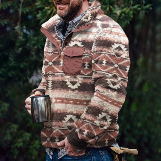Herren Fleece-Pullover mit Karomuster und Hohem Kragen EB